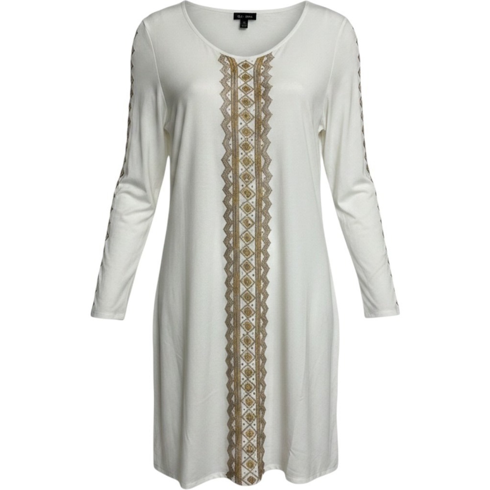 Yuka Beach Tunic Dress Women Medium Off White Gold Embroidered Sequin Boho Tunic